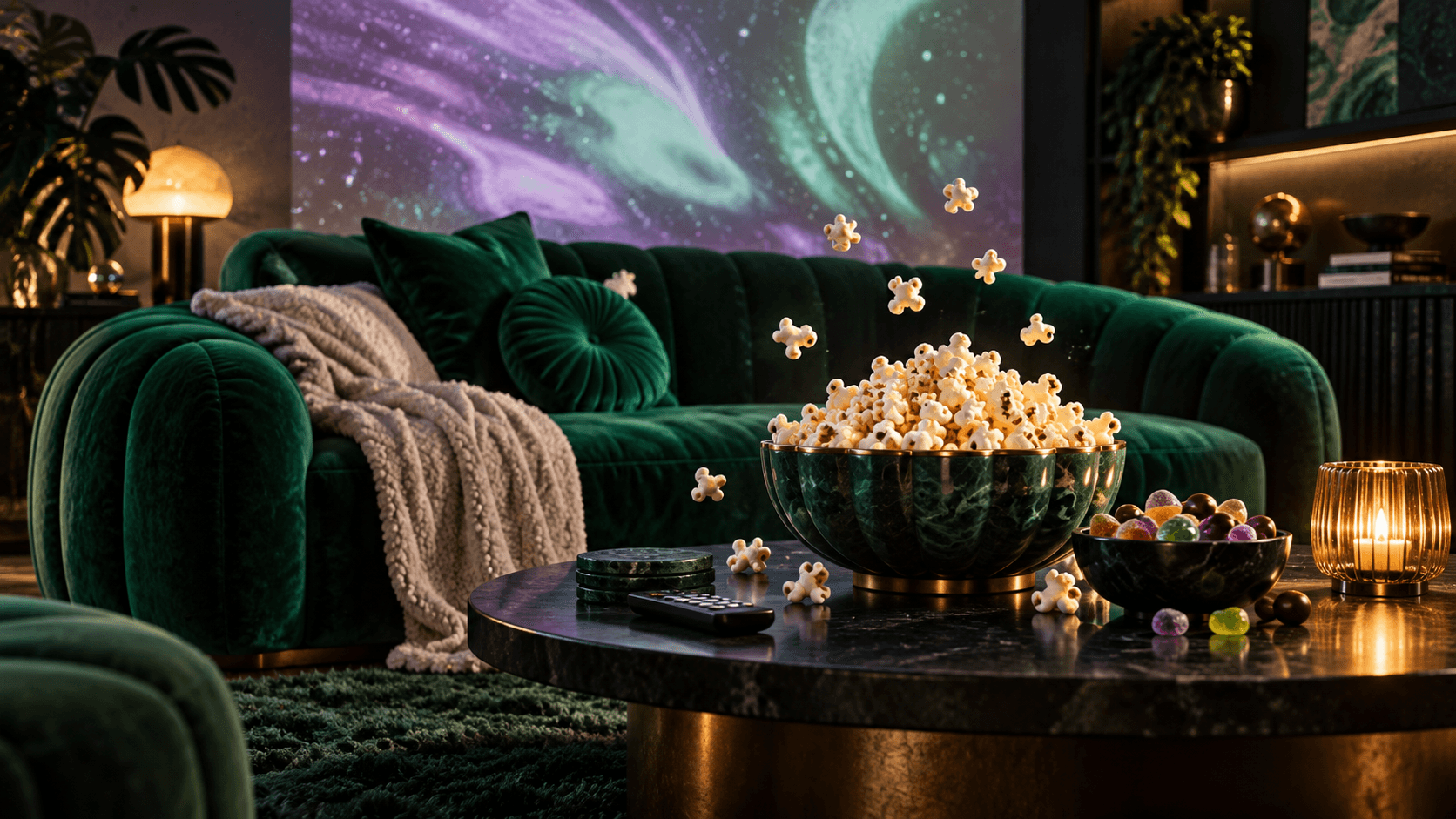 An emerald-green sofa, popcorn, sweets, and a cozy blanket lit by colorful movie projections.