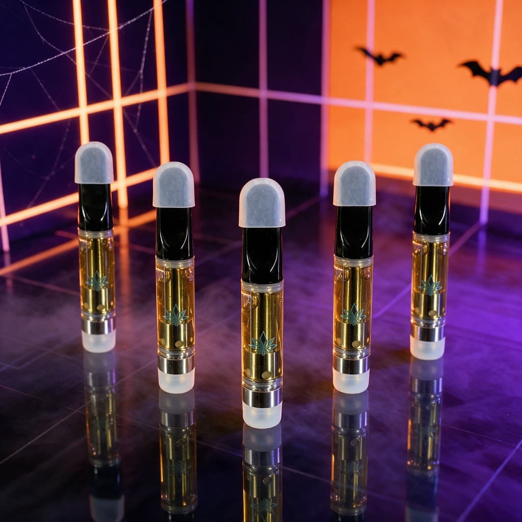 Spooky Refill Pack: five Spooky Trippy cartridges in a neon grid room lit orange and violet for Halloween