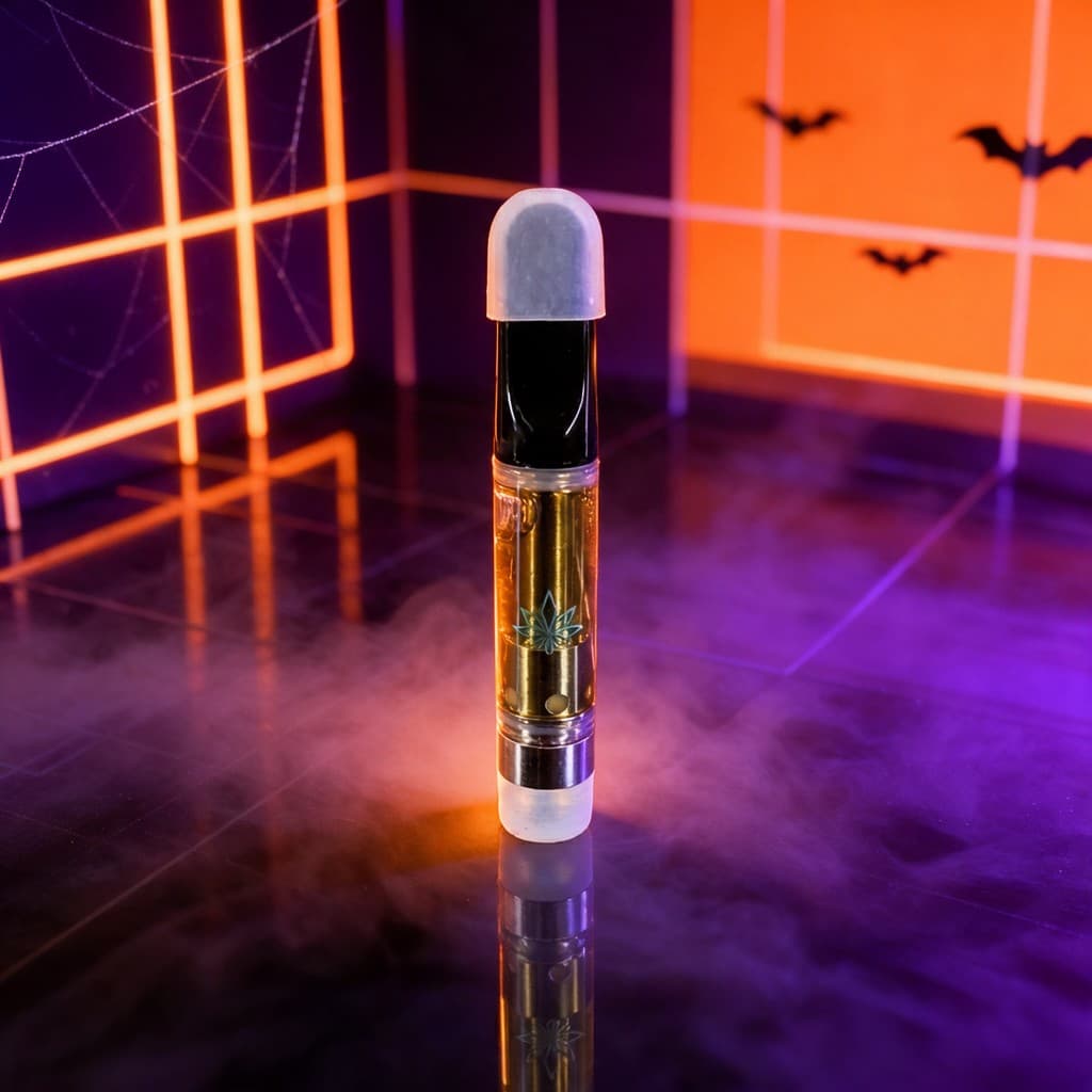 Spooky Trippy: the Trippy 2.1 cartridge in a neon grid room lit orange and violet for Halloween