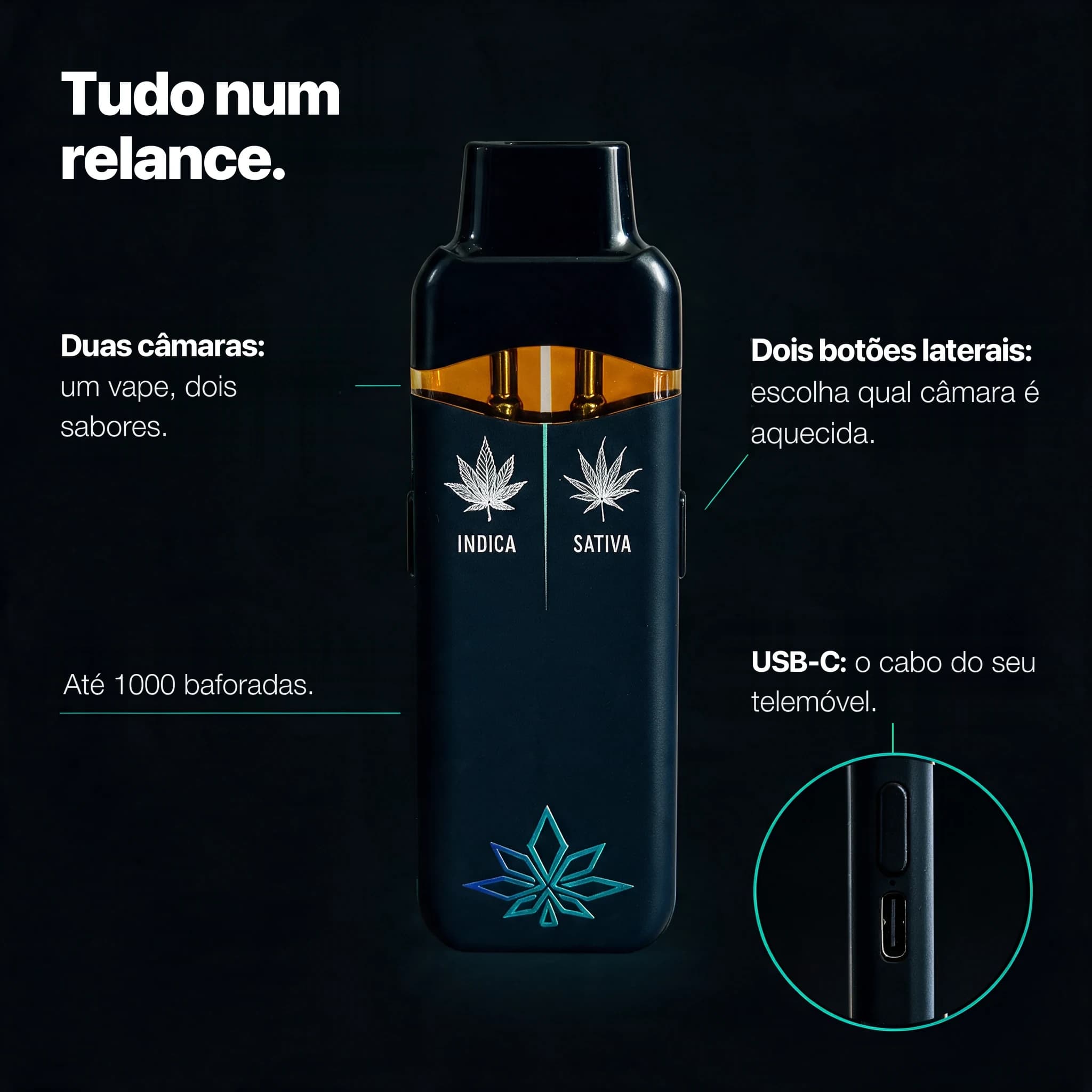 Tudo num relance. Duas câmaras: um vape, dois sabores. Dois botões laterais: escolha qual câmara é aquecida. Até 1000 baforadas. USB-C: o cabo do seu telemóvel.