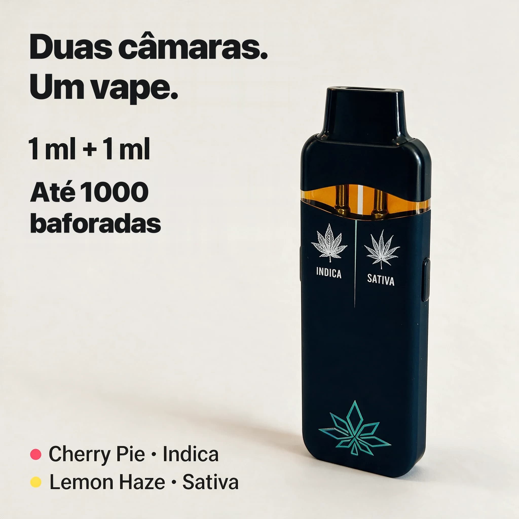 Duas câmaras. Um vape. 1 ml + 1 ml. Até 1000 baforadas. Cherry Pie · Indica. Lemon Haze · Sativa. Penjamin Duo em ângulo, com a janela de duas câmaras virada para si.