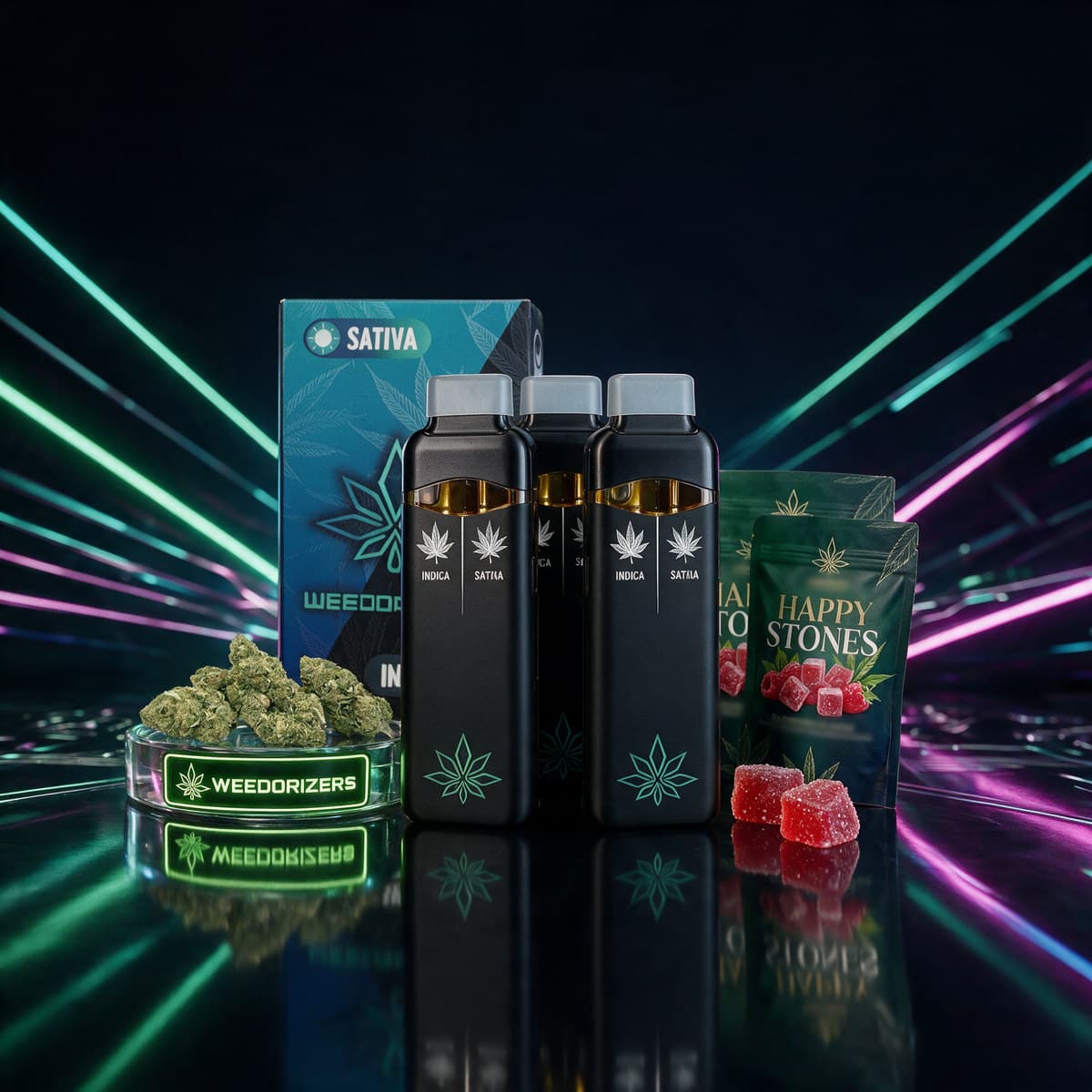Pen Duo Pack: three PenjaminDuo devices, a dish of Super Silver Haze and two Happy Stones pouches