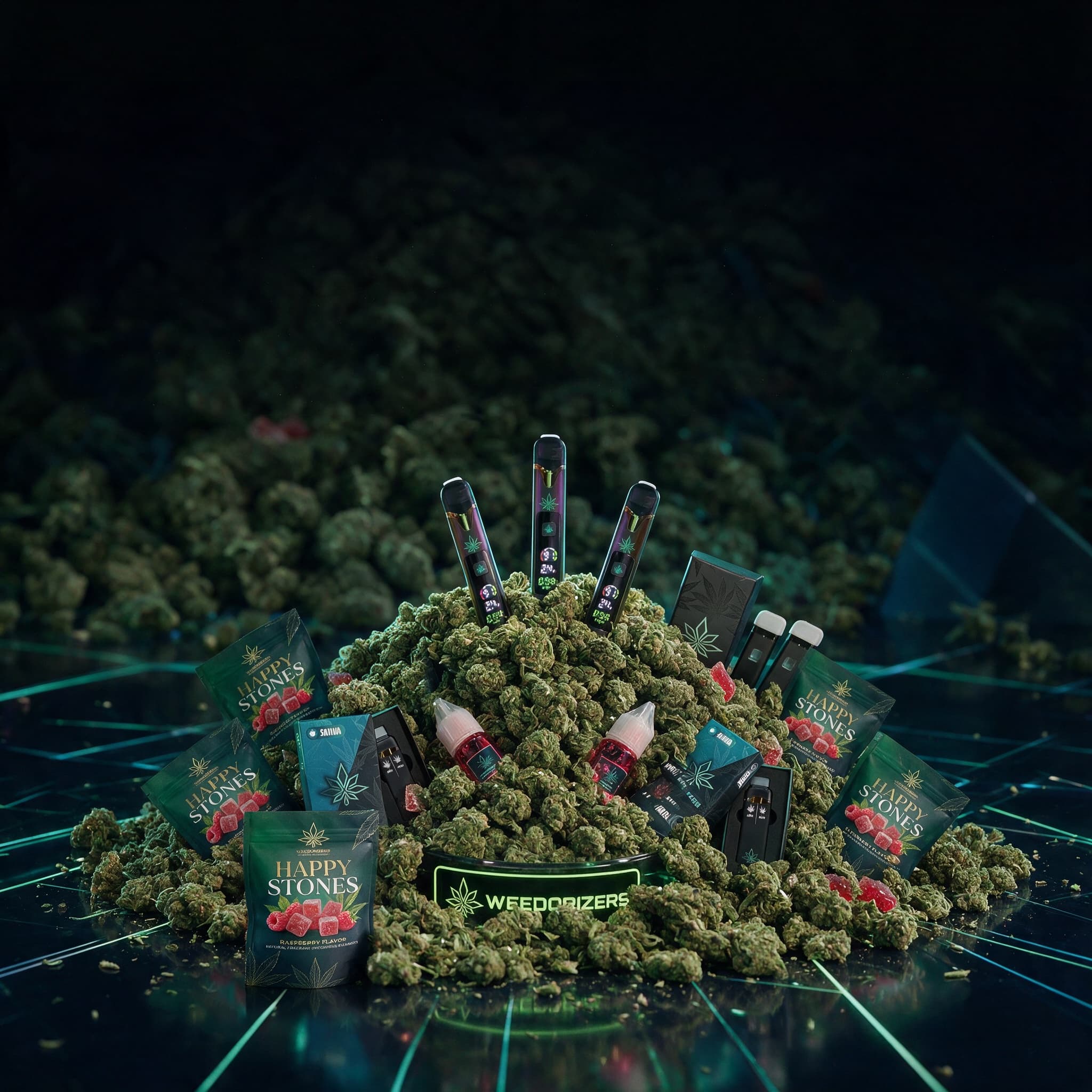 End of Summer Giveaway prize pile: 100 g of Super Silver Haze, vapes, Happy Stones and more